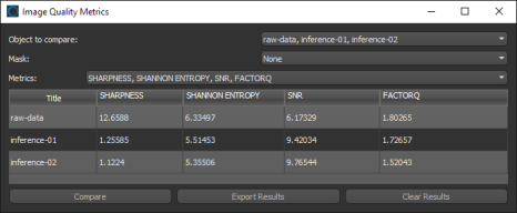 Image Quality Metrics dialog